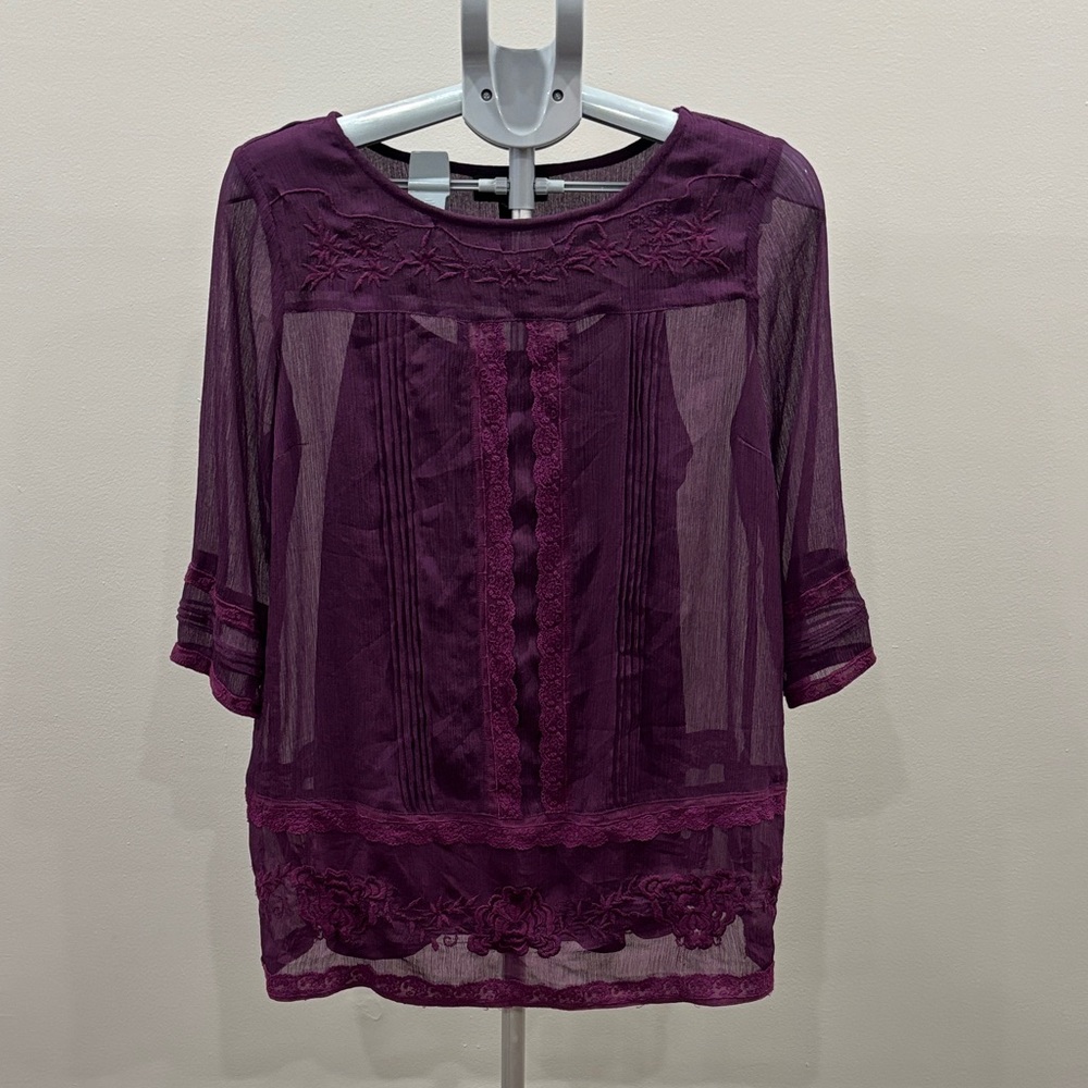 Wendy Bellissimo Women’s Maternity Chic Sheer Purple Blouse, size Small
